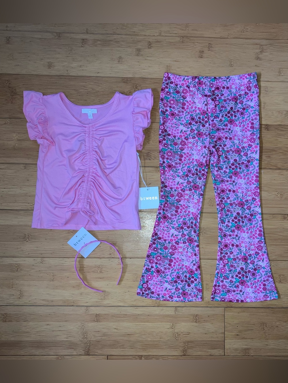 NWT Girls Size 7 Outfit - Pink Floral Set - Top, Floral Bell-Bottoms & Headband